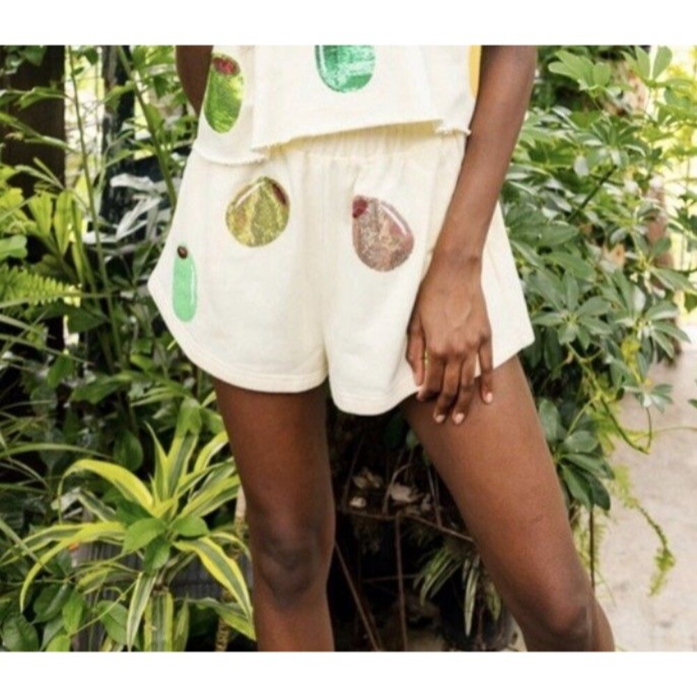 Queen Of Sparkles Allover Sequin Olive Print Martini Shorts Cream NWT Sz S